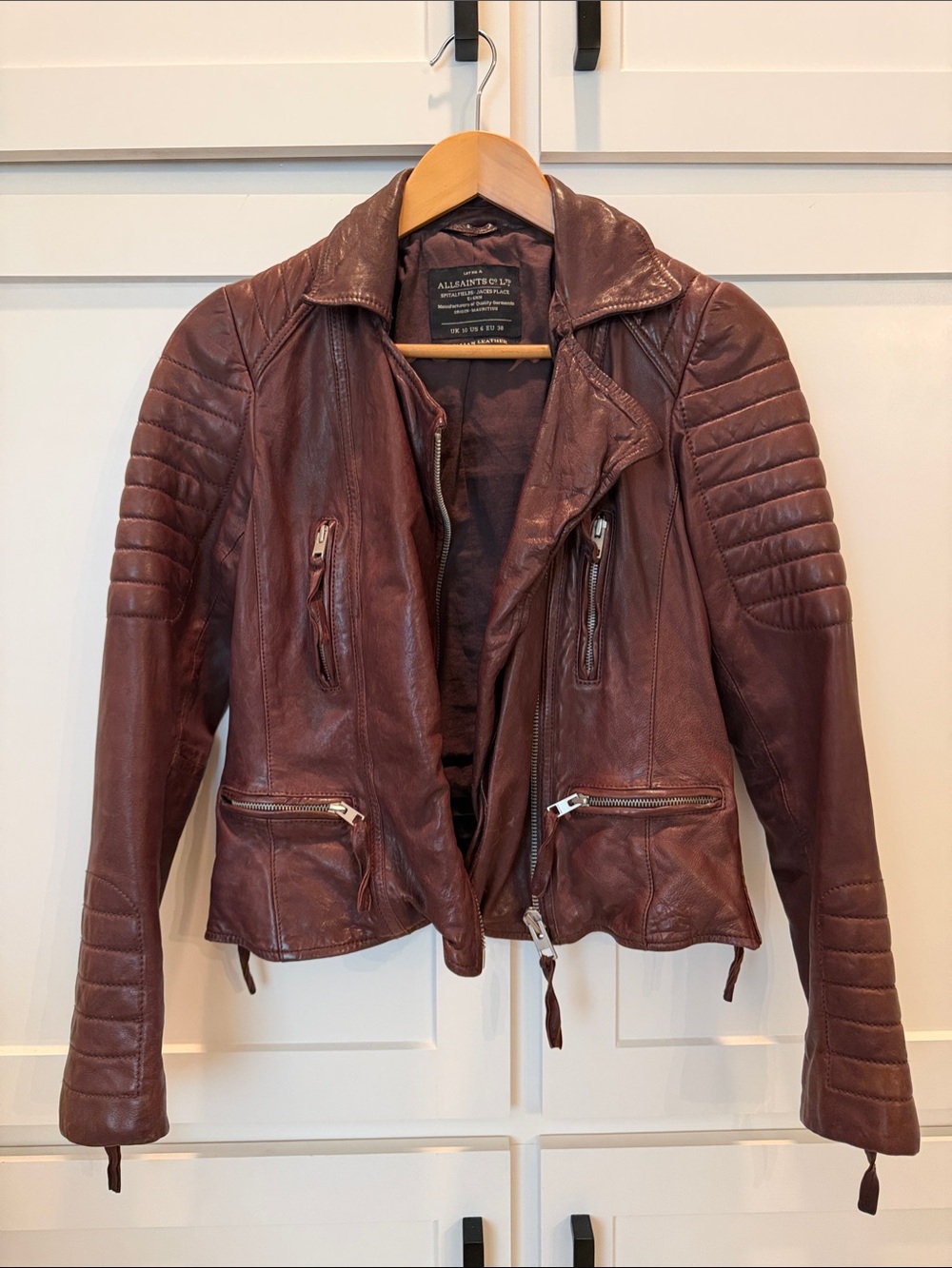 All Saints Quilted Leather Moto Jacket in oxblood